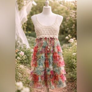 Boho Crochet Tiered Floral Dress Fairycore Coquette Festival Mini Garden Party